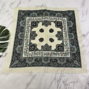 Glentex Womens Vintage 80s Square Scarf Cream Blue Paisley Floral Japan Acrylic